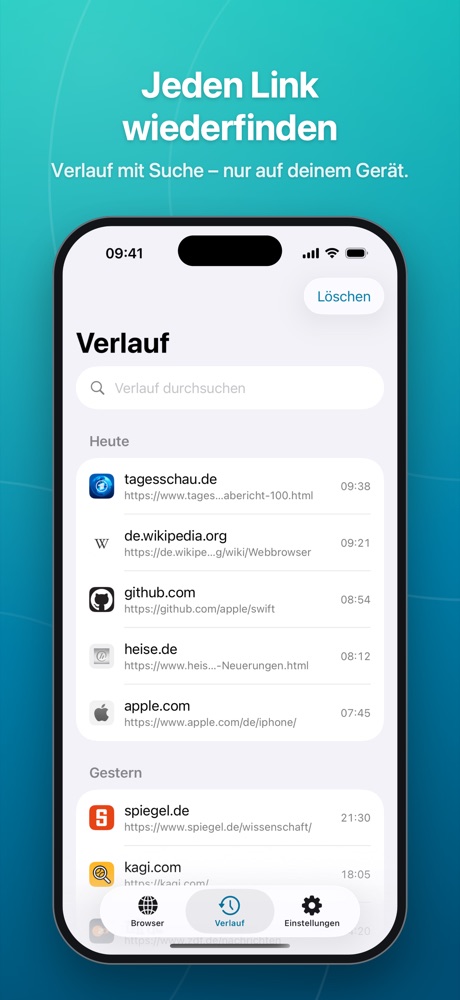 Verlauf mit Suchfeld, nach Tagen gruppiert