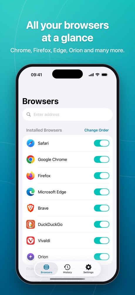Browser list with toggles