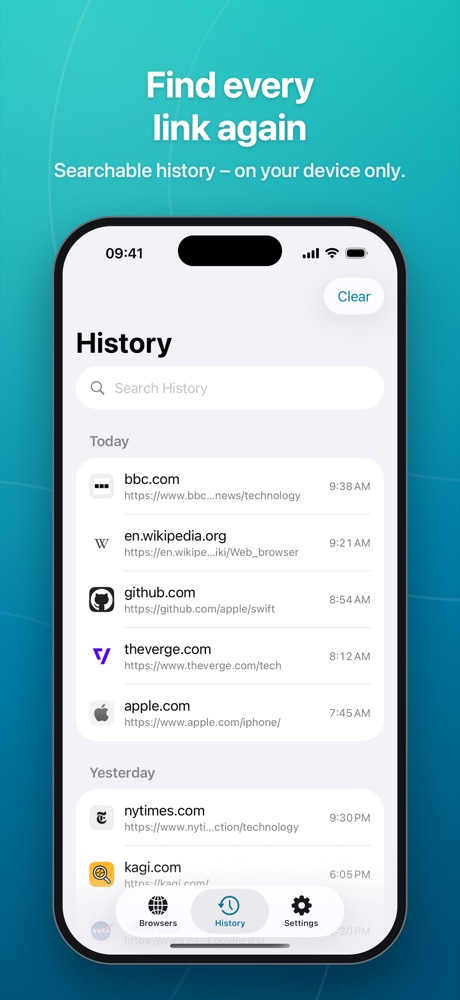 History with search field, grouped by day