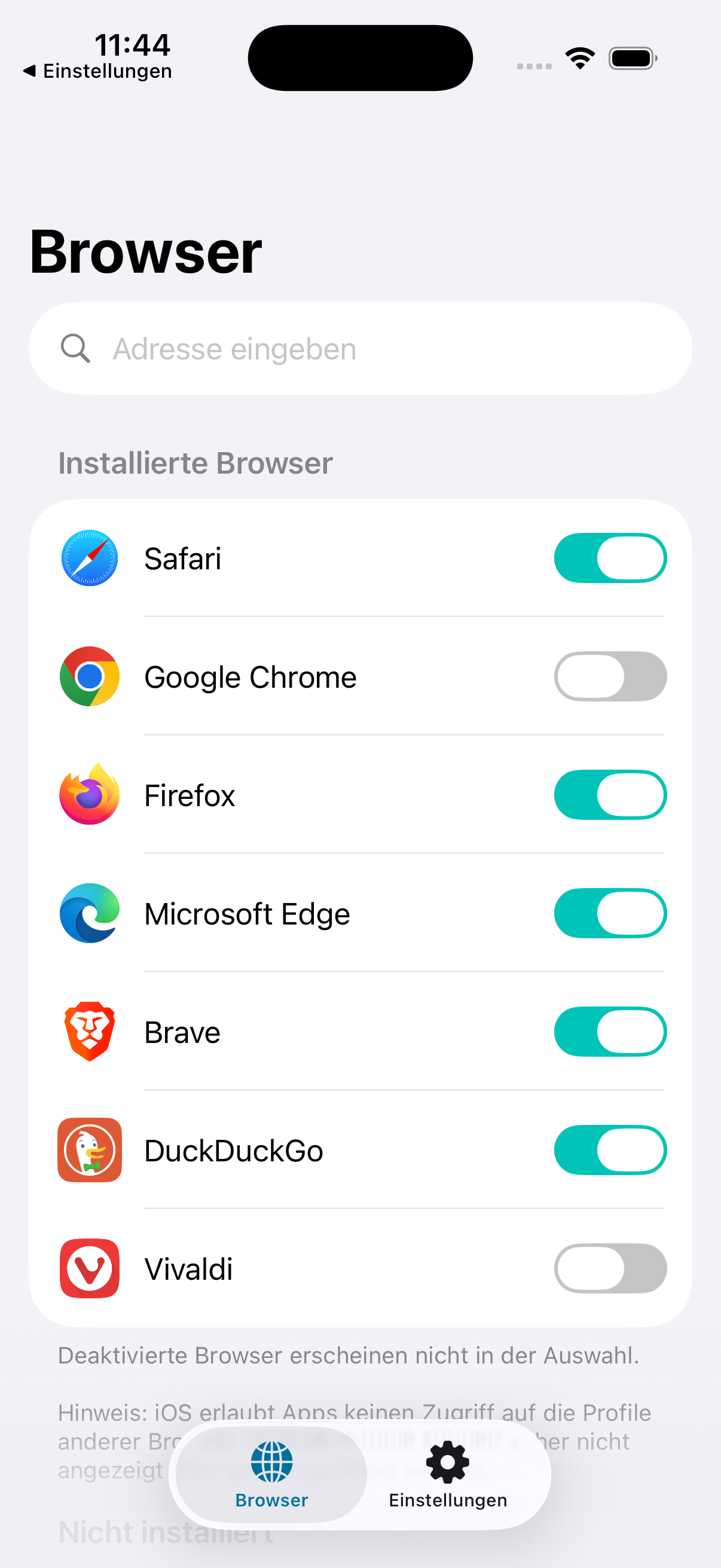 BrowserSwitch Browser-Liste